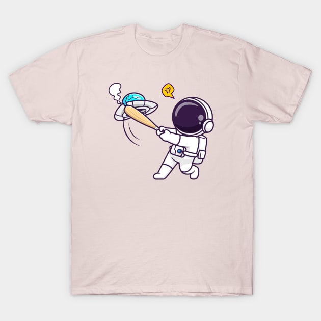 Cute Astronaut Smash UFO With Baseball Stick Cartoon T-Shirt by Catalyst Labs